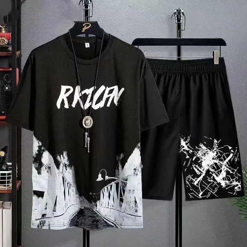 Men's Gradient Polyester T-Shirt & Shorts Set