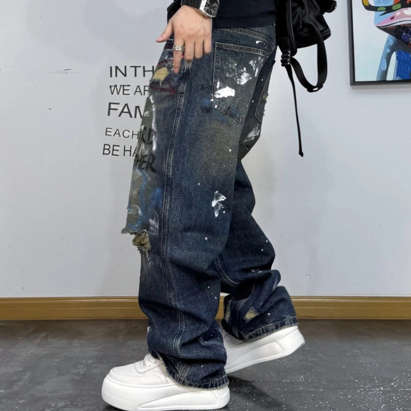 Men's Korean Graffiti Washed Ripped Baggy Jeans
