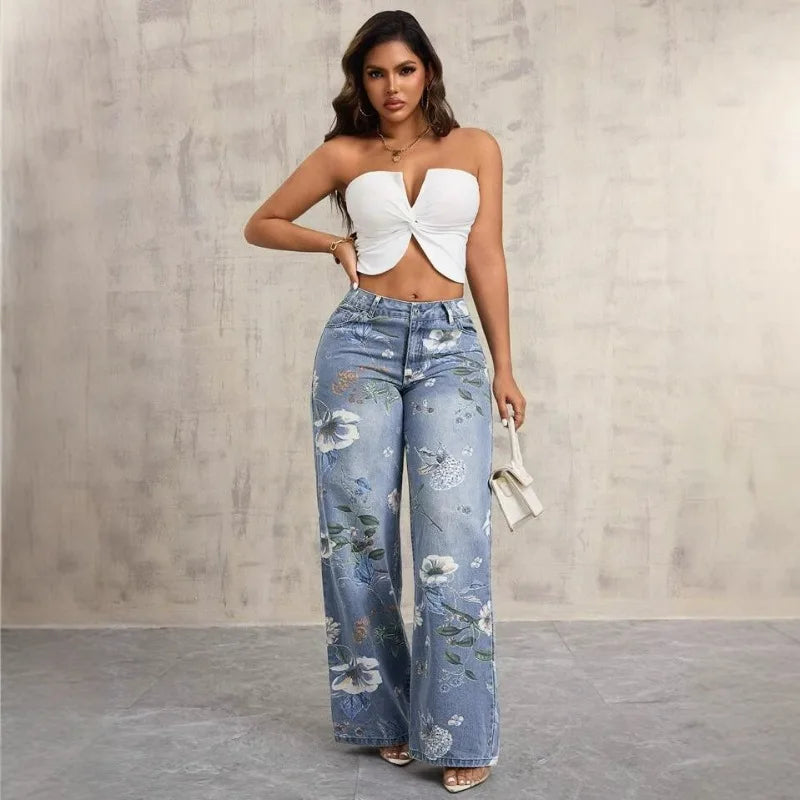 Women's Gothic Print High-Waist Baggy Jeans