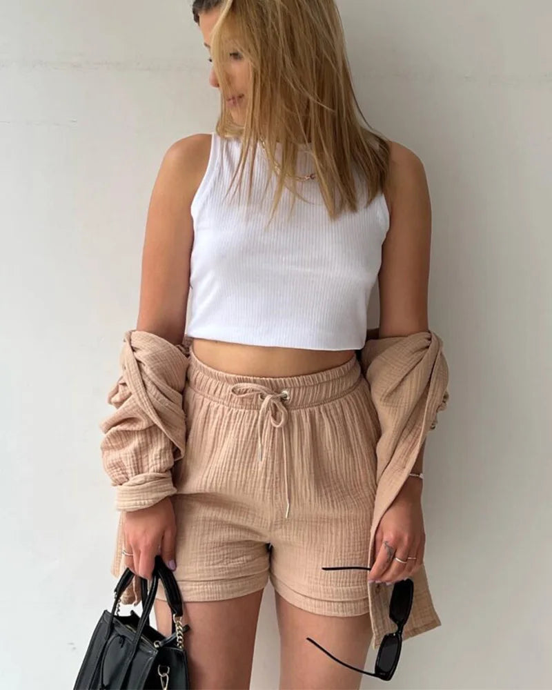 Women's Muslin Button Short Suit Set