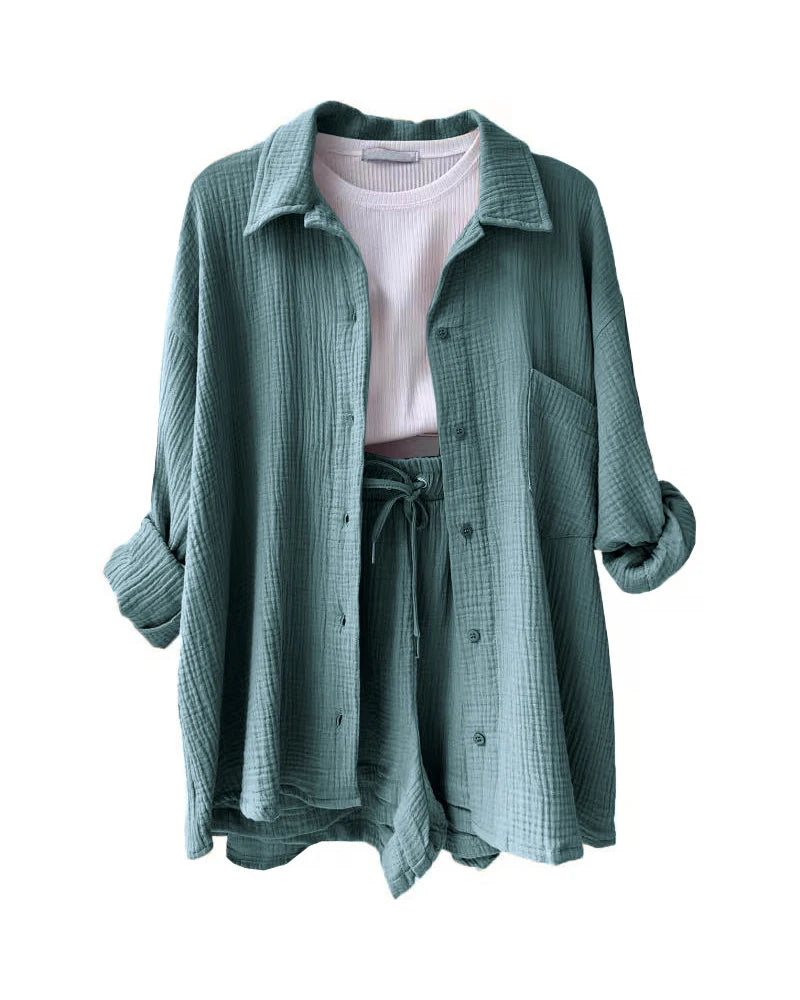 Women's Muslin Button Short Suit Set
