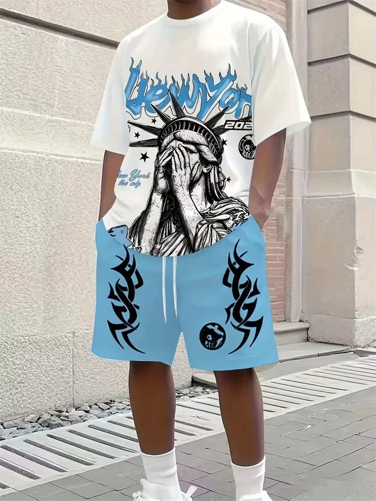 Men's 3D Riding Print T-Shirt & Shorts Set