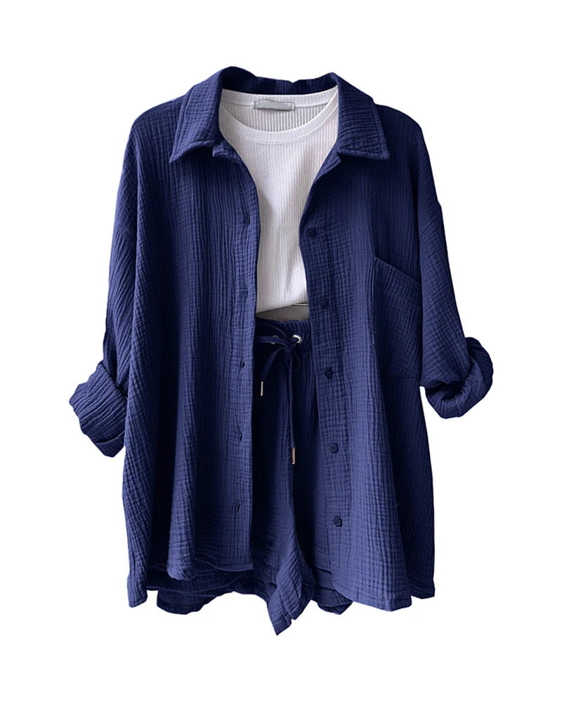 Women's Muslin Button Short Suit Set