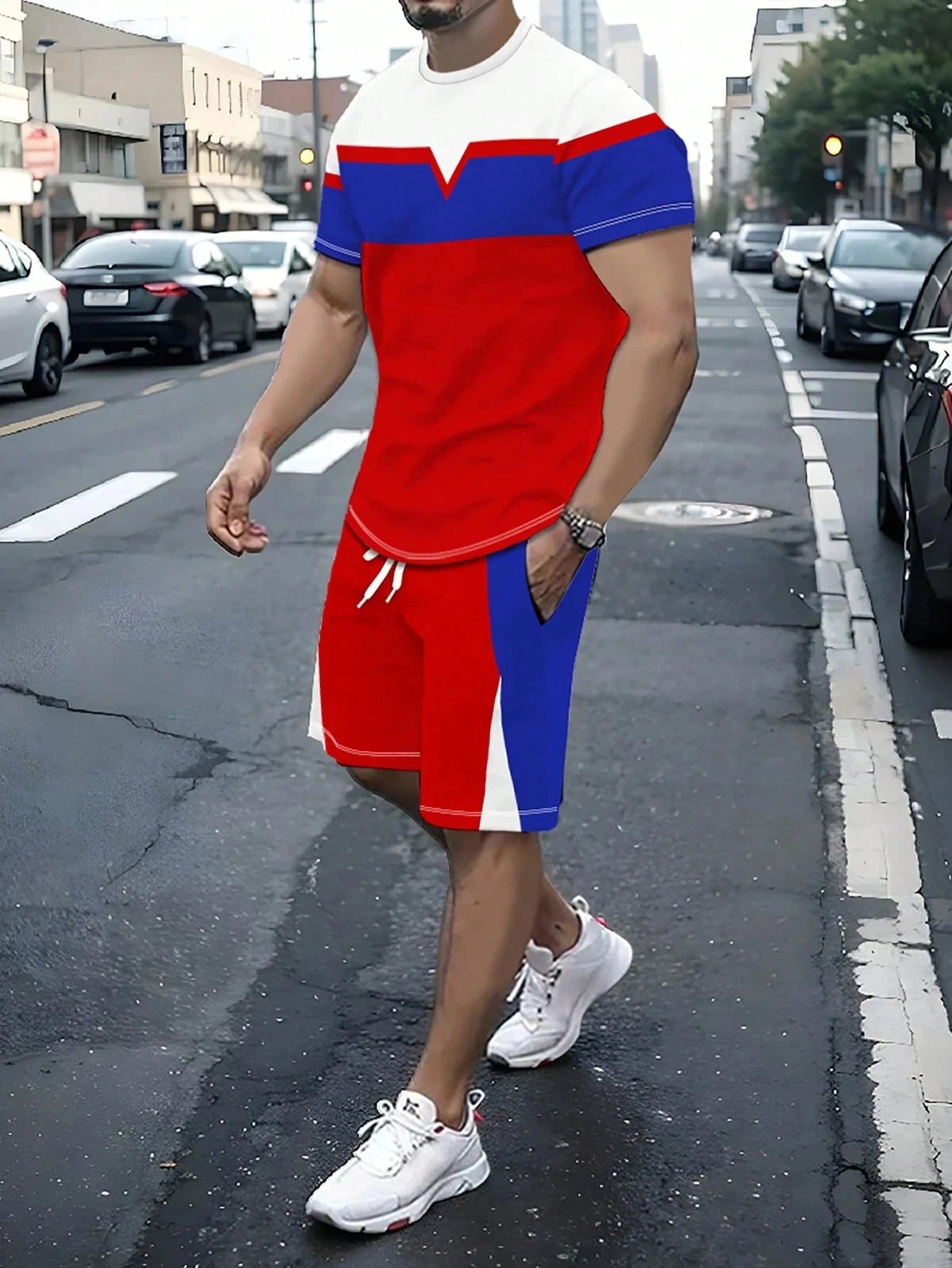 Men's Stripe Print T-Shirt & Shorts Set