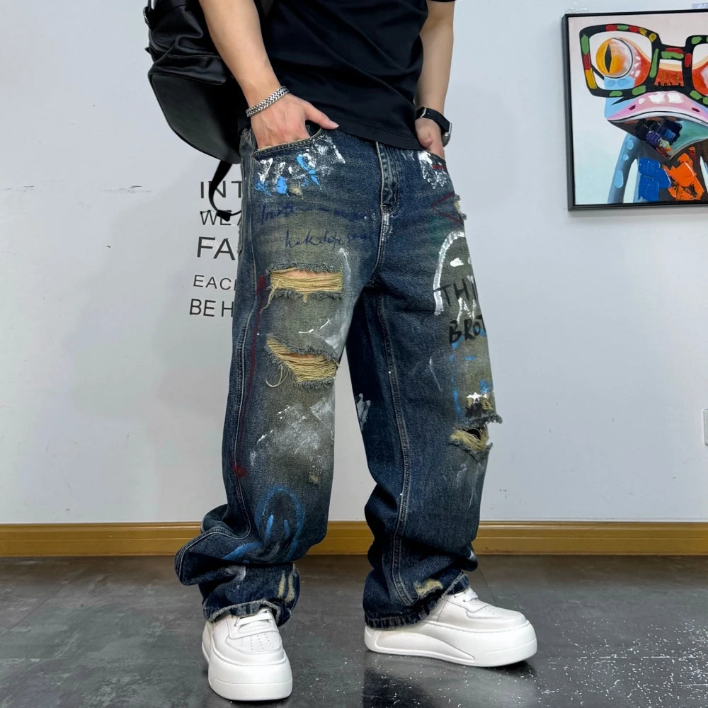 Men's Korean Graffiti Washed Ripped Baggy Jeans
