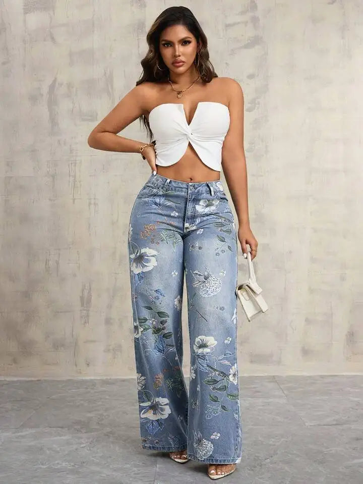 Women's Gothic Print High-Waist Baggy Jeans