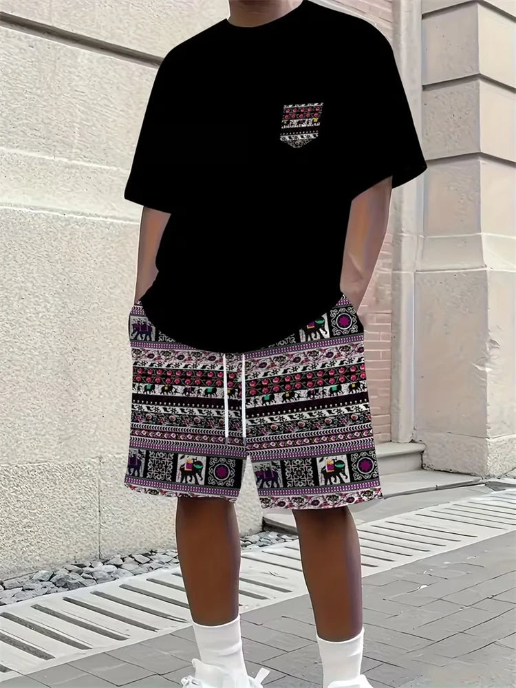 Men's 3D Riding Print T-Shirt & Shorts Set
