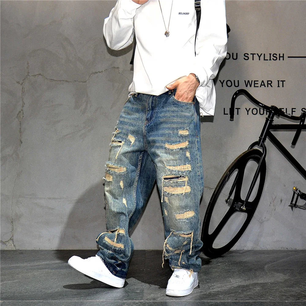 Men's Ripped Distressed Baggy Straight Jeans