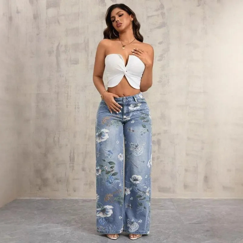 Women's Gothic Print High-Waist Baggy Jeans