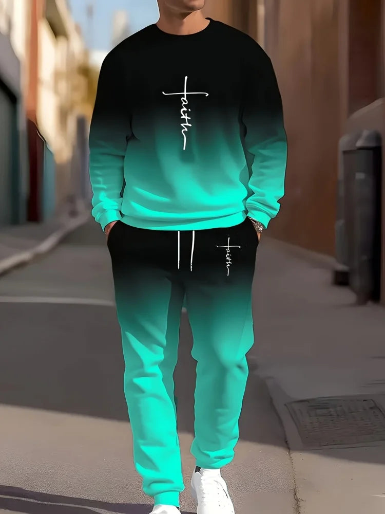 Men's Gradient Print Long-Sleeve & Pants Set