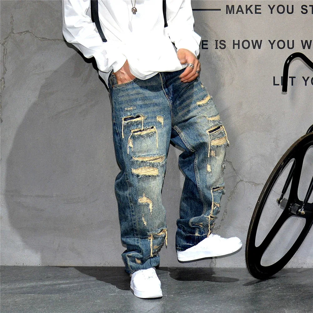 Men's Ripped Distressed Baggy Straight Jeans