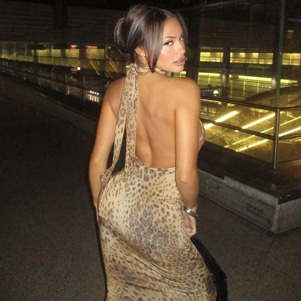 Women's Halter Leopard Bandage Maxi Dress