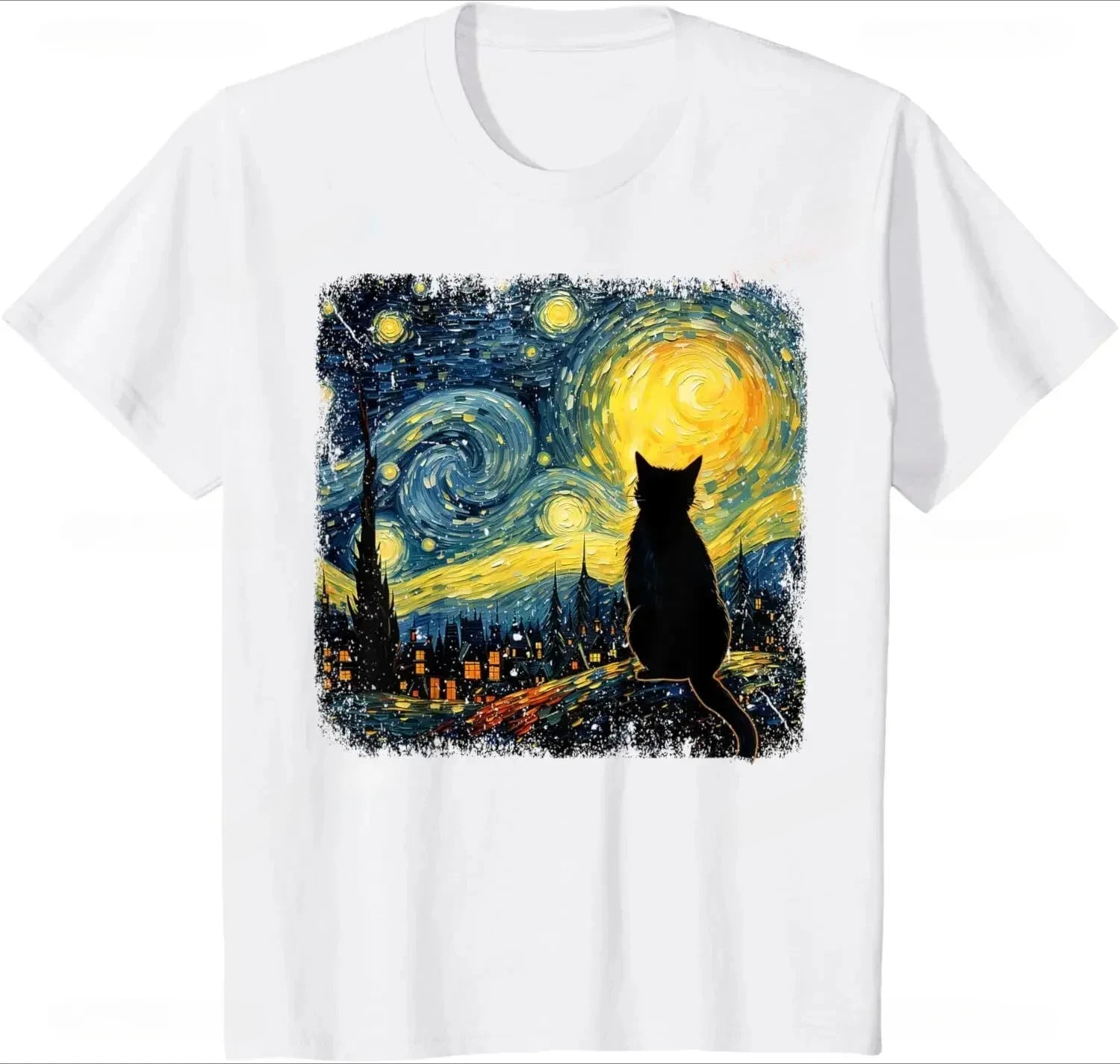 Women's Van Gogh Cat Starry Night Graphic T-Shirt