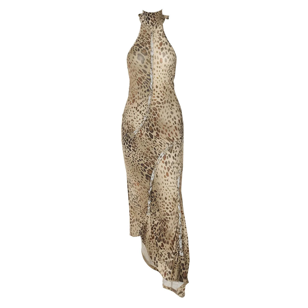 Women's Halter Leopard Bandage Maxi Dress