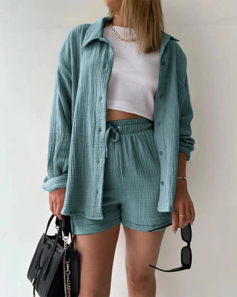 Women's Muslin Button Short Suit Set