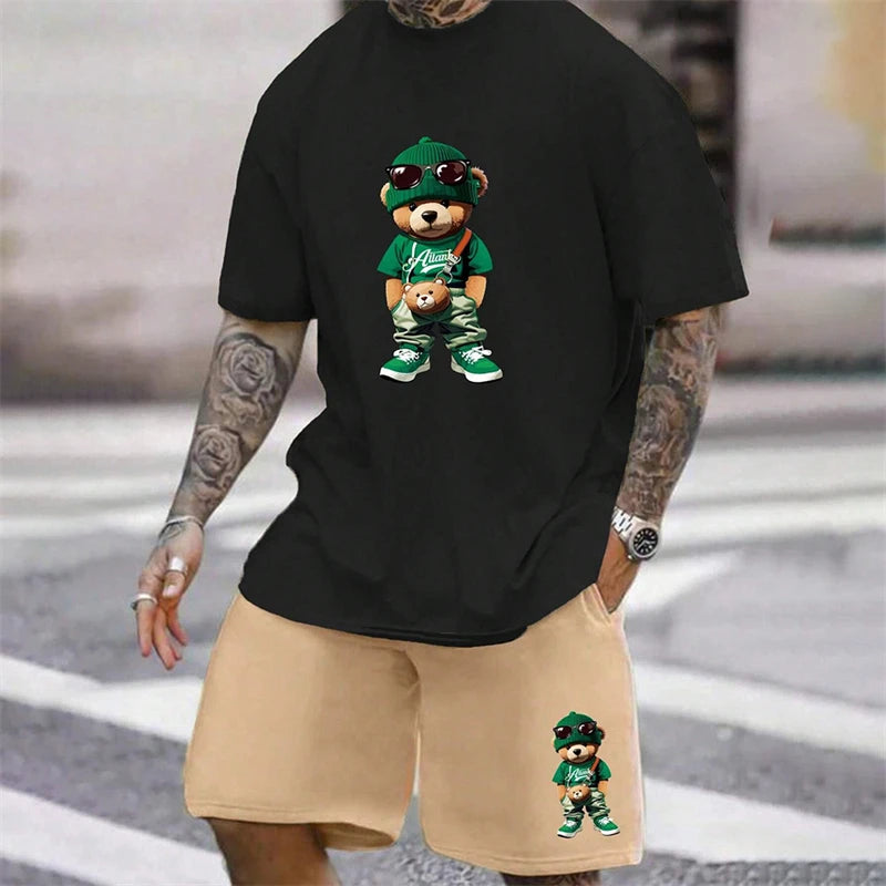 Men's Harajuku Bear Graphic T-Shirt & Shorts Set
