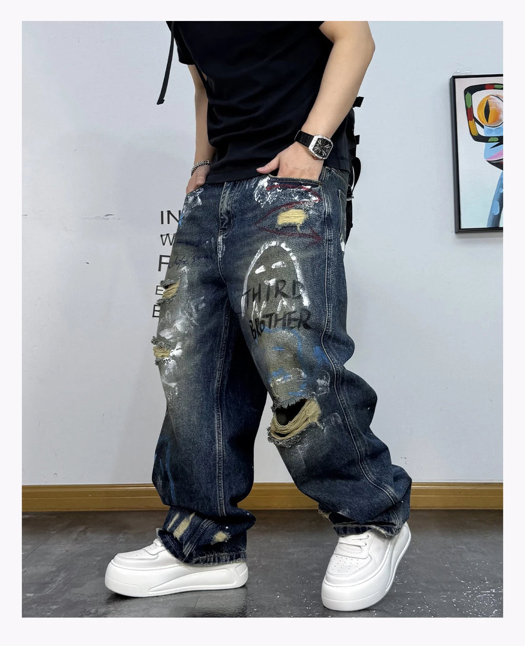 Men's Korean Graffiti Washed Ripped Baggy Jeans