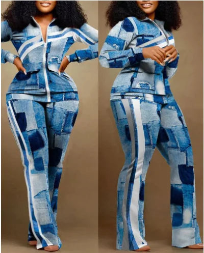 Women's Geometric Print Zip-Up Top & Pants Set