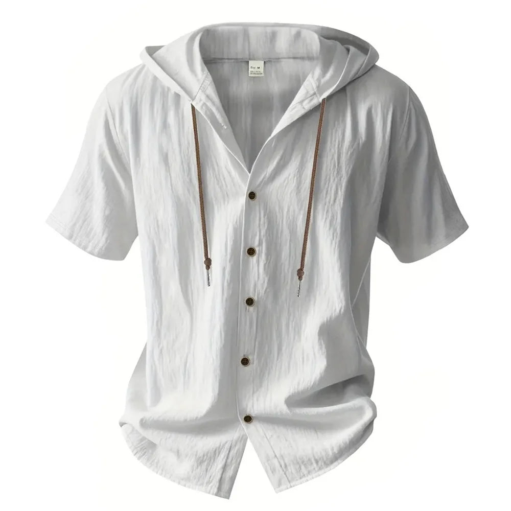 Men's Cotton Linen Hooded Short-Sleeve Shirt