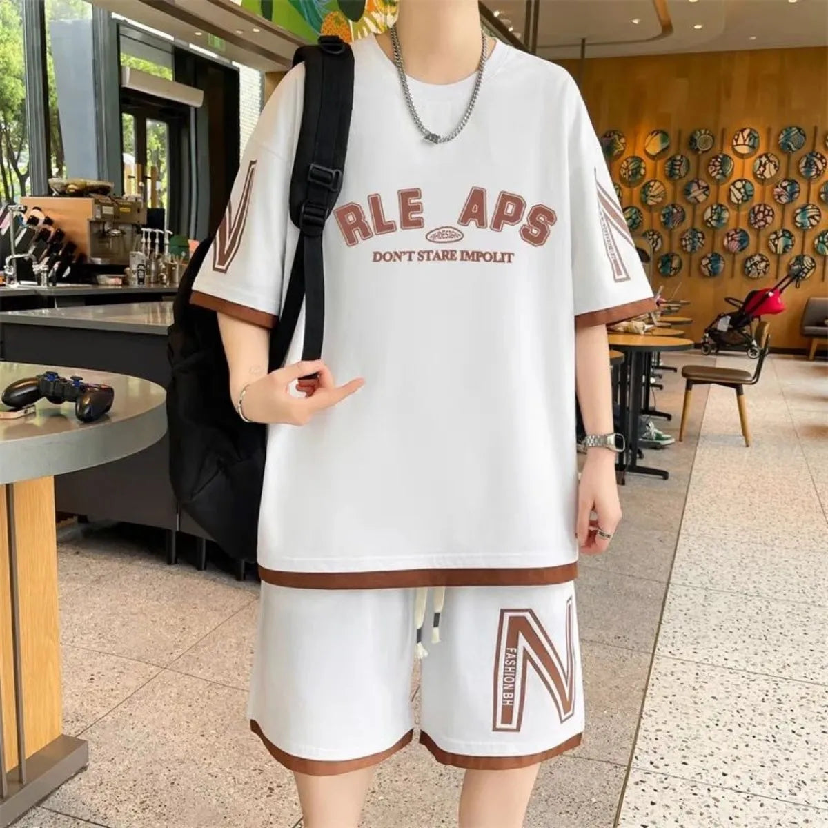 Men's Letter Print T-Shirt & Shorts Sports Set