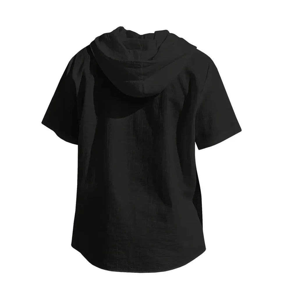 Men's Cotton Linen Hooded Short-Sleeve Shirt