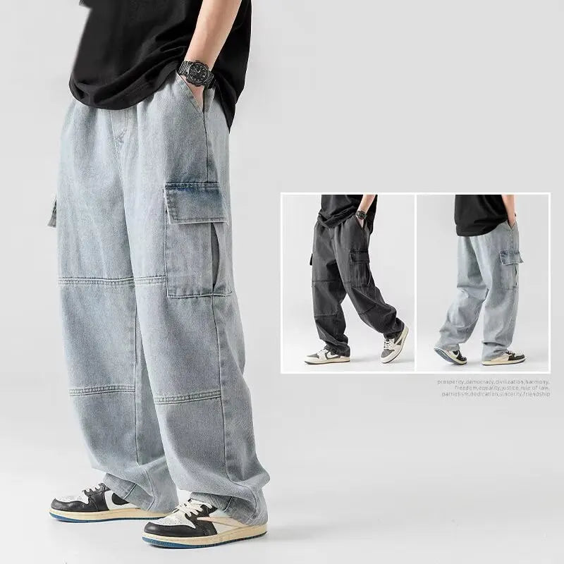 Men's Hip-Hop Vintage Washed Wide-Leg Cargo Jeans