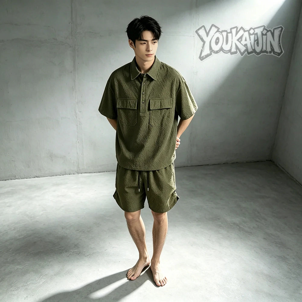 Men's Korean Polo & Shorts Crinkle Set
