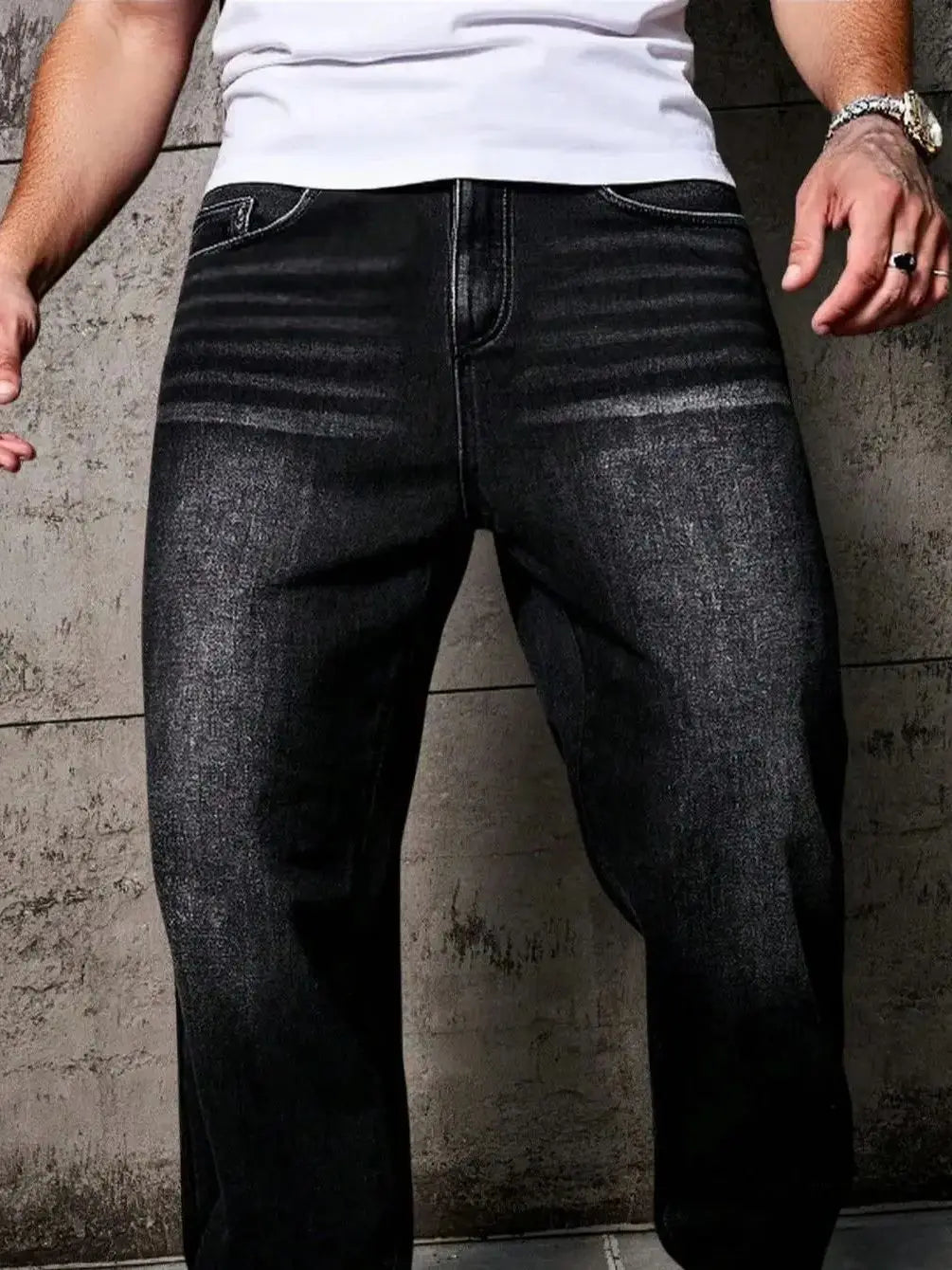 Men's Washed Distressed Wide-Leg Straight Jeans