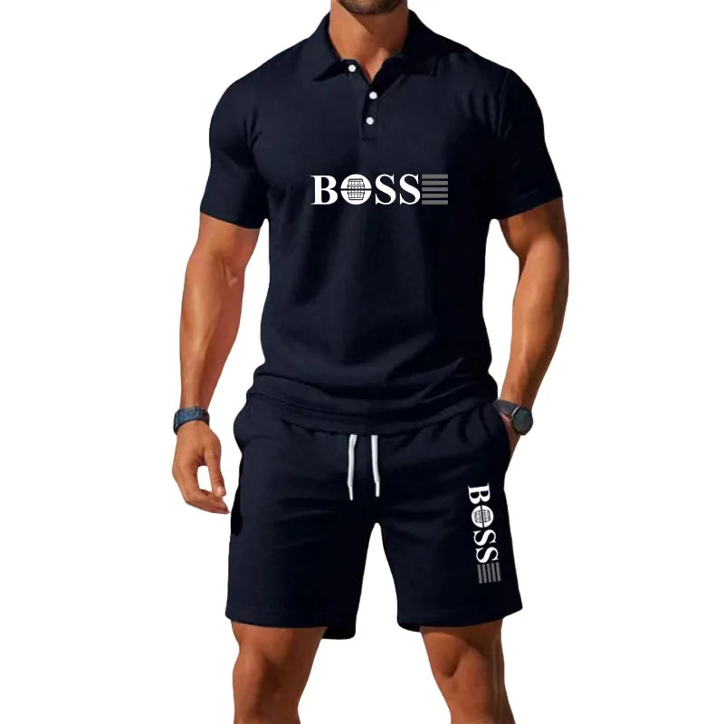 Men's Retro Polo Collar T-Shirt & Shorts Set