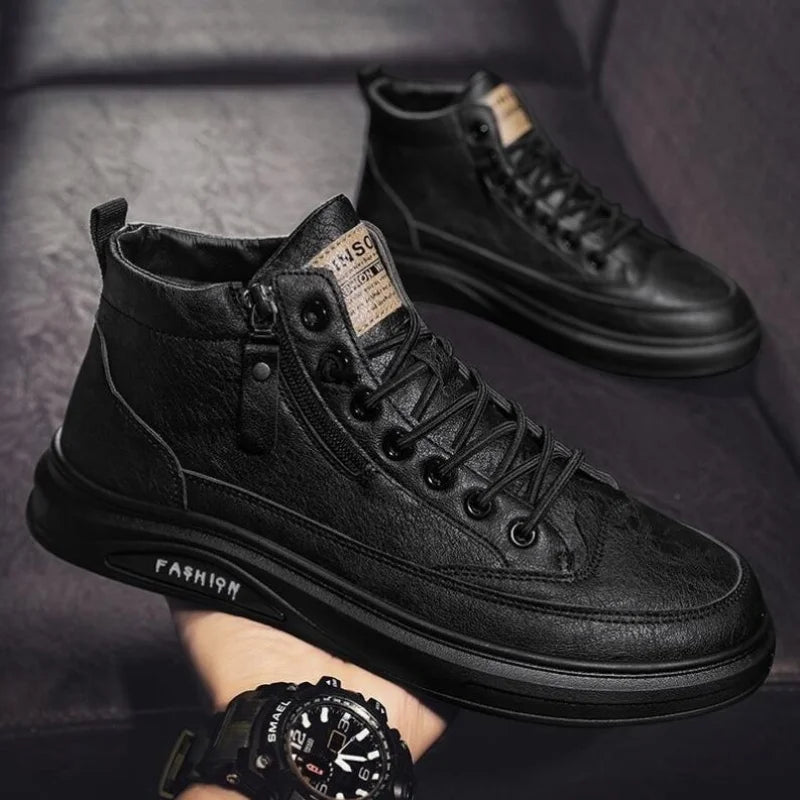 Men's Zip-Up High-Top Leather Ankle Boots