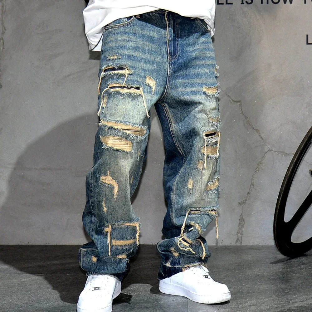 Men's Ripped Distressed Baggy Straight Jeans