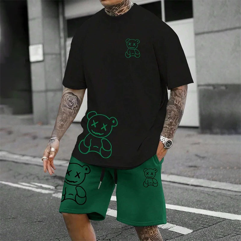 Men's Harajuku Bear Graphic T-Shirt & Shorts Set