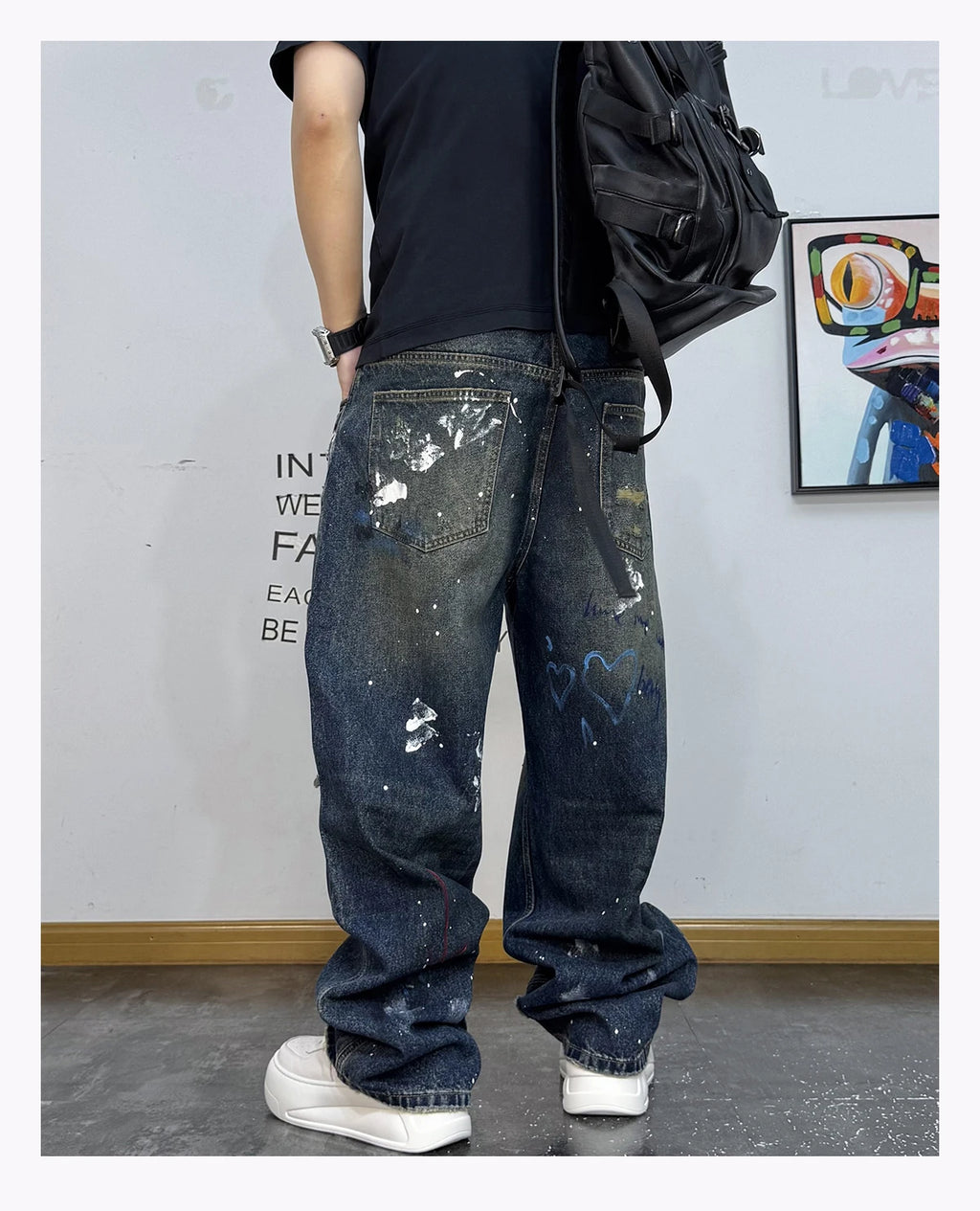Men's Korean Graffiti Washed Ripped Baggy Jeans