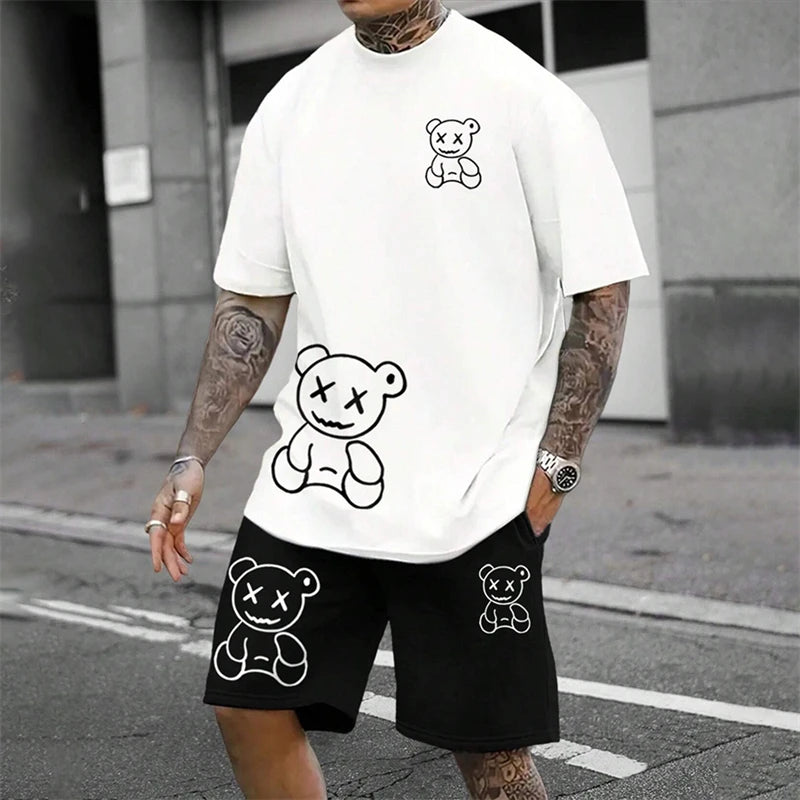 Men's Harajuku Bear Graphic T-Shirt & Shorts Set