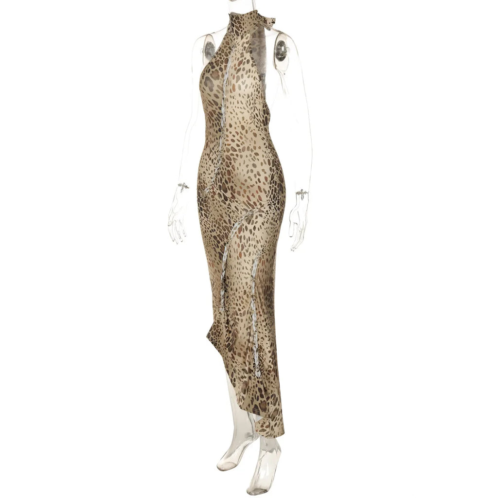 Women's Halter Leopard Bandage Maxi Dress
