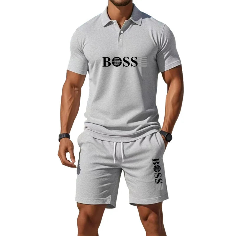 Men's Retro Polo Collar T-Shirt & Shorts Set