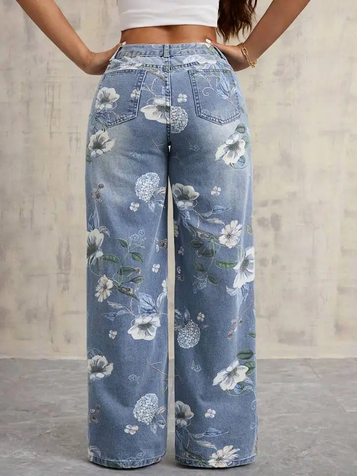 Women's Gothic Print High-Waist Baggy Jeans