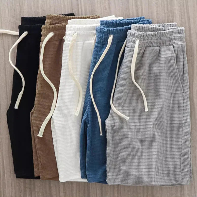 Men's Solid Waffle Drawstring Casual Shorts