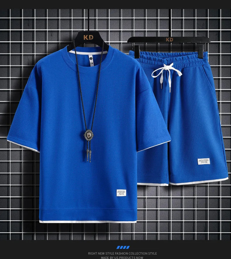 Men's Waffle T-Shirt & Shorts Tracksuit Set