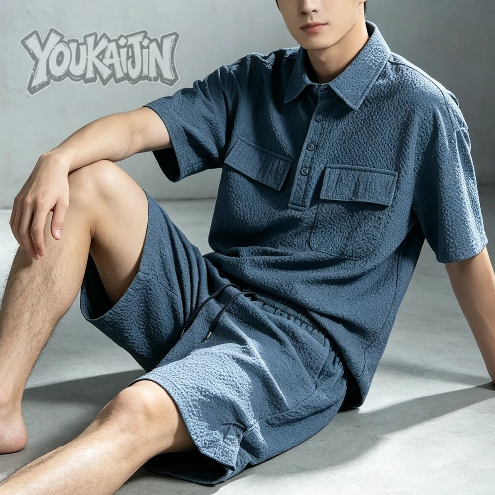 Men's Korean Polo & Shorts Crinkle Set