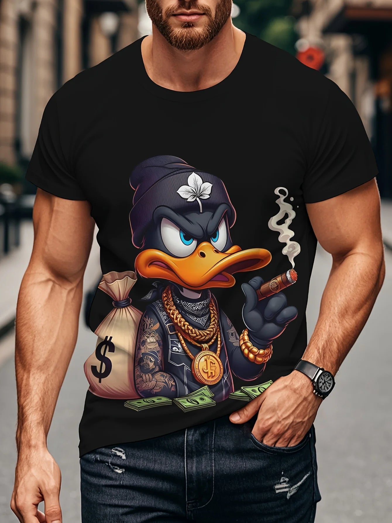Unisex Cartoon Duck Hip-Hop Print T-Shirt