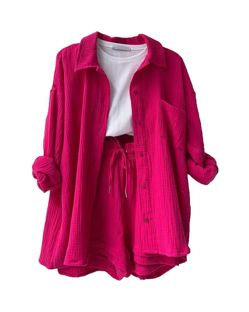 Women's Muslin Button Short Suit Set