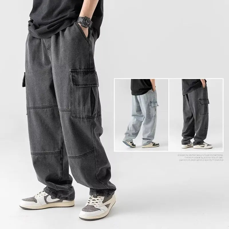 Men's Hip-Hop Vintage Washed Wide-Leg Cargo Jeans