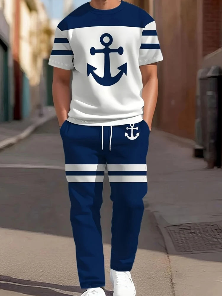 Men's 3D Navy Anchor Print Shirt & Pants Set