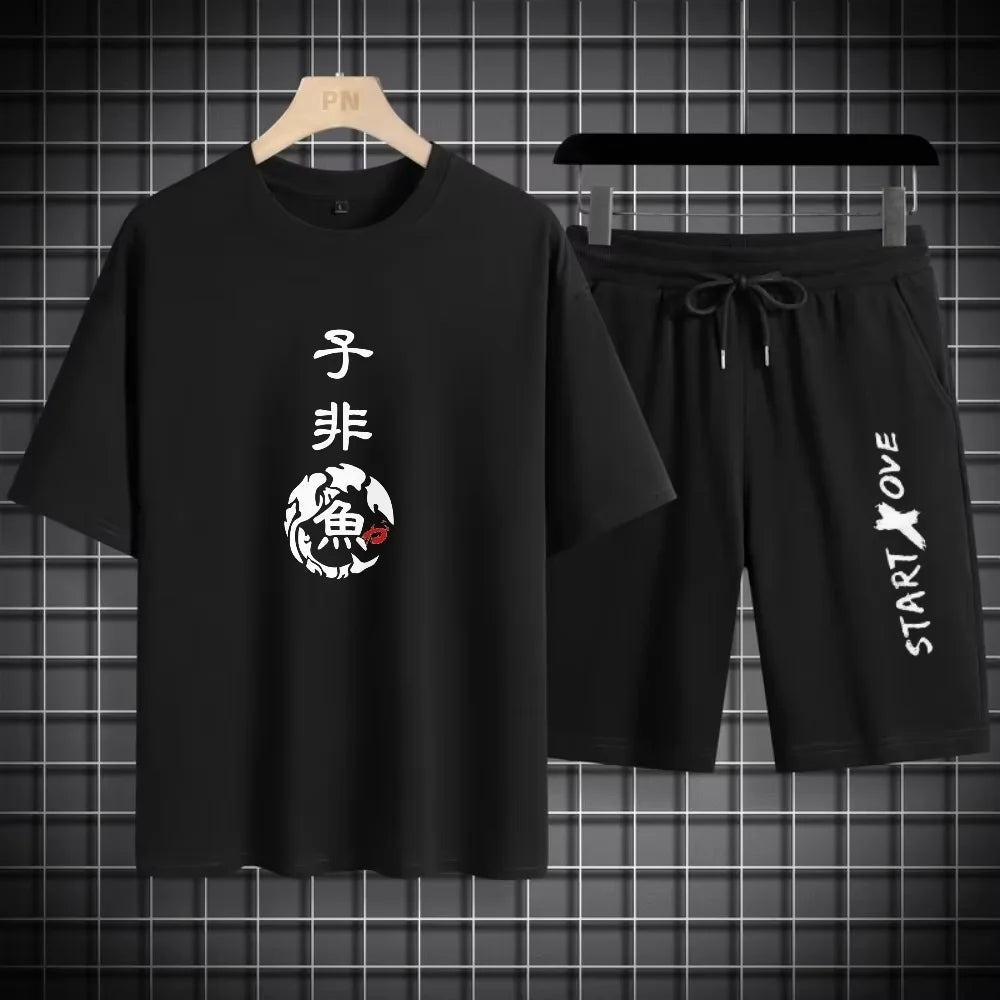 DOUSE Men's 3D Print Athletic Set – Quick-Dry Short Sleeve Tee & Shorts