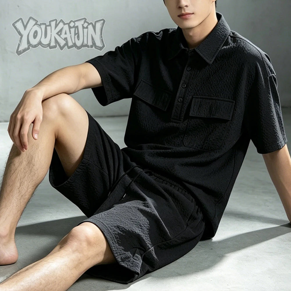Men's Korean Polo & Shorts Crinkle Set
