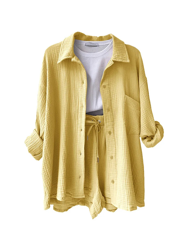 Women's Muslin Button Short Suit Set