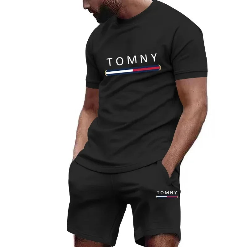 Men's Letter Rose Patchwork T-Shirt & Shorts Set