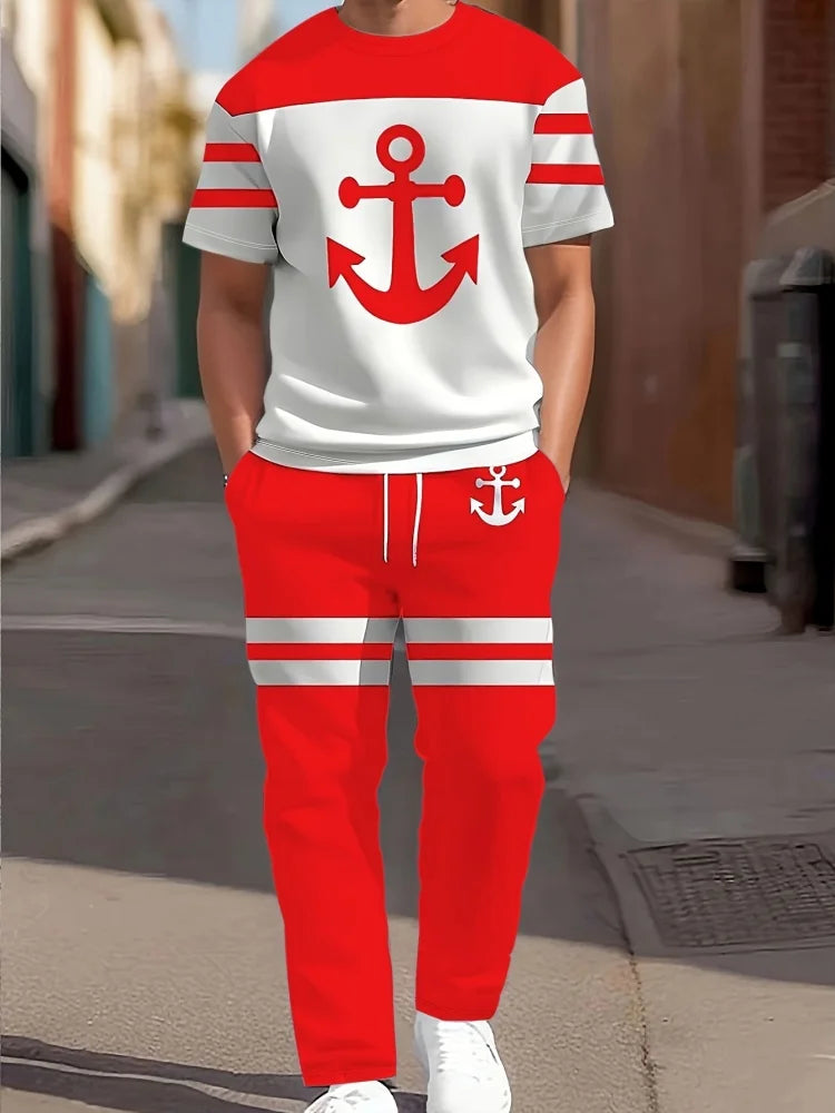 Men's 3D Navy Anchor Print Shirt & Pants Set