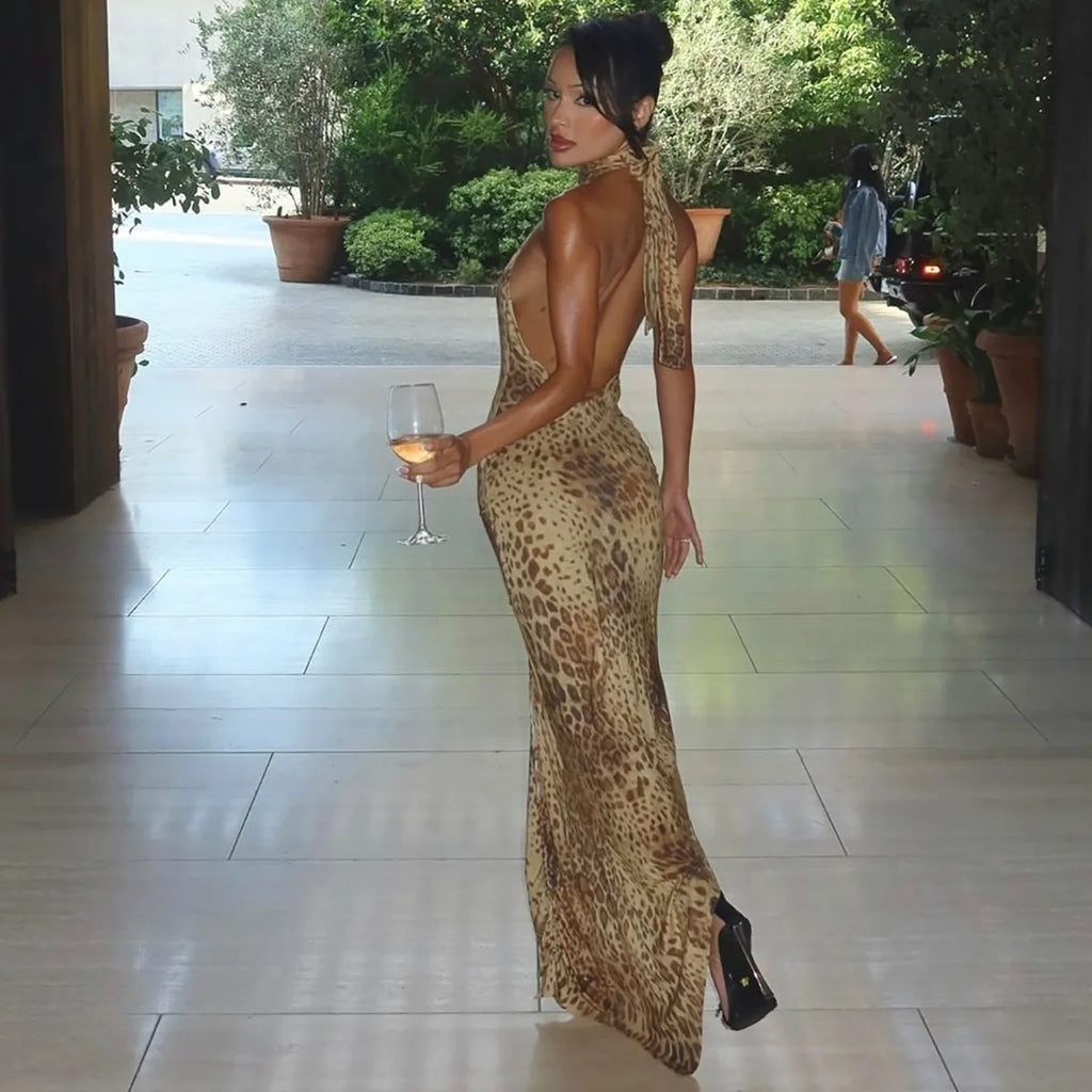 Women's Halter Leopard Bandage Maxi Dress